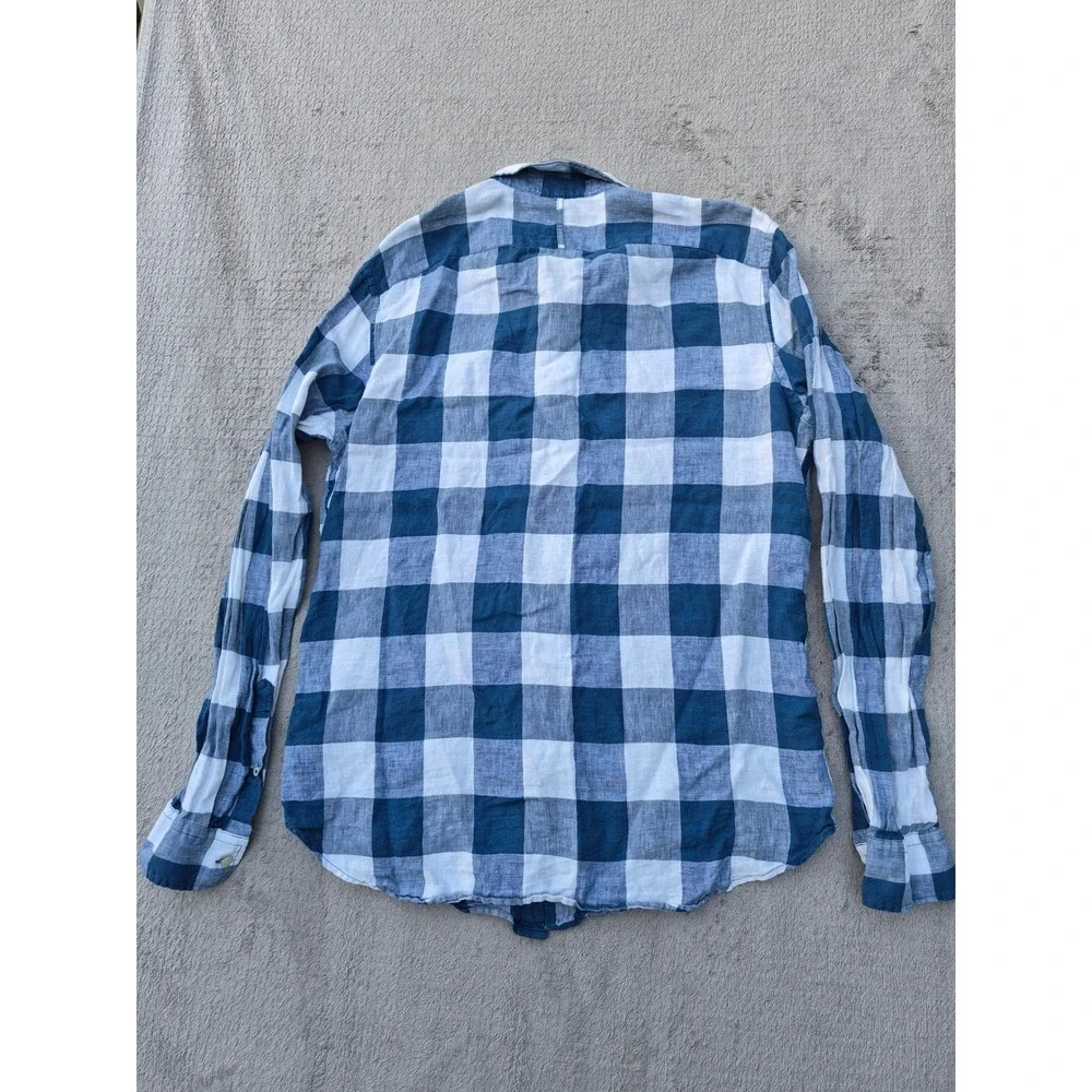 Banana Republic Mens Camden Fit 100% Linen Blue White Buffalo Check Shirt L Tall